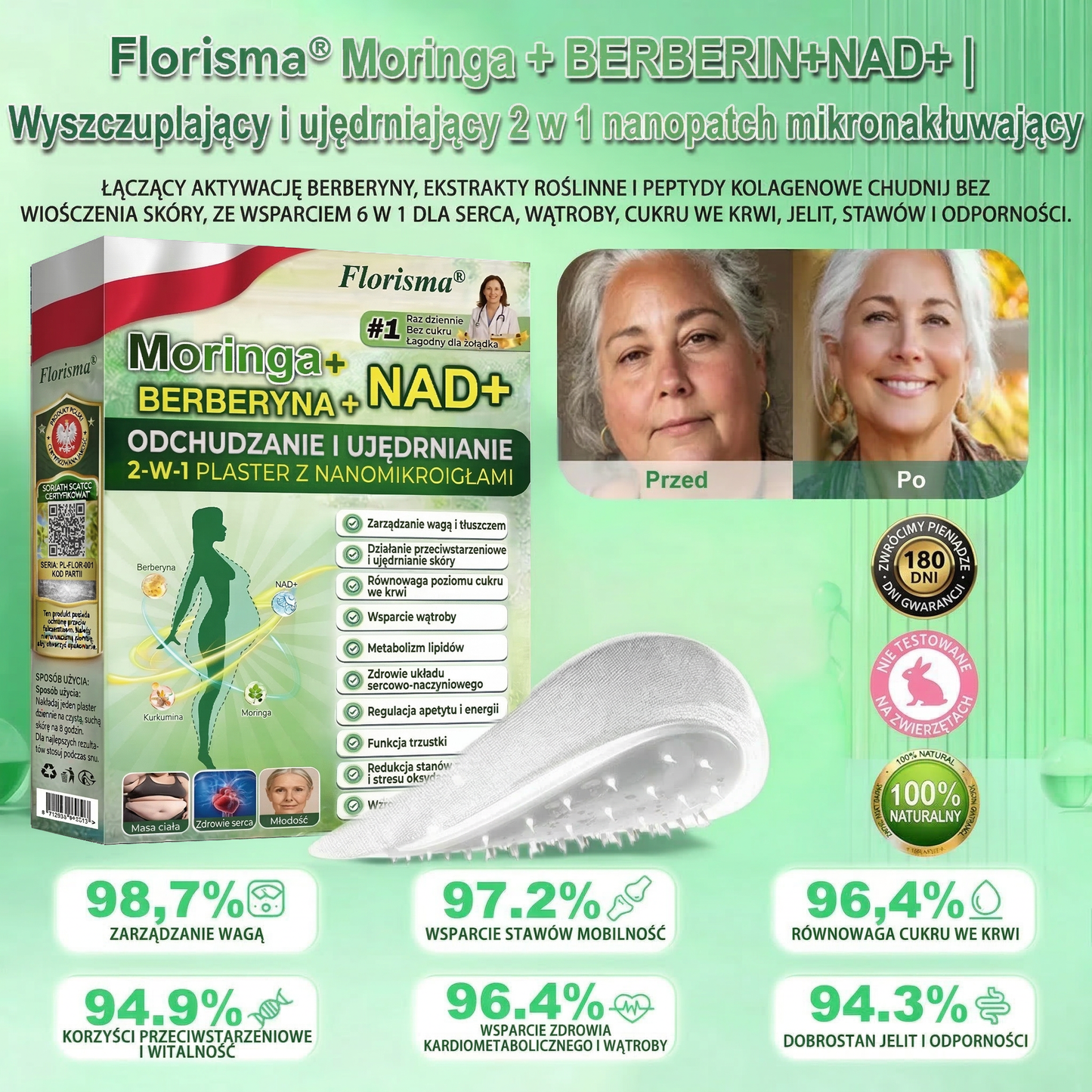 【Ostatni dzień promocji – 80% zniżki】 ✅ Florisma® Moringa · Berberyna × NAD+ | 2-w-1 Zaawansowany plaster z nano-mikroigłami ✨ 7 plastrów w opakowaniu · zapas na 1 tydzień